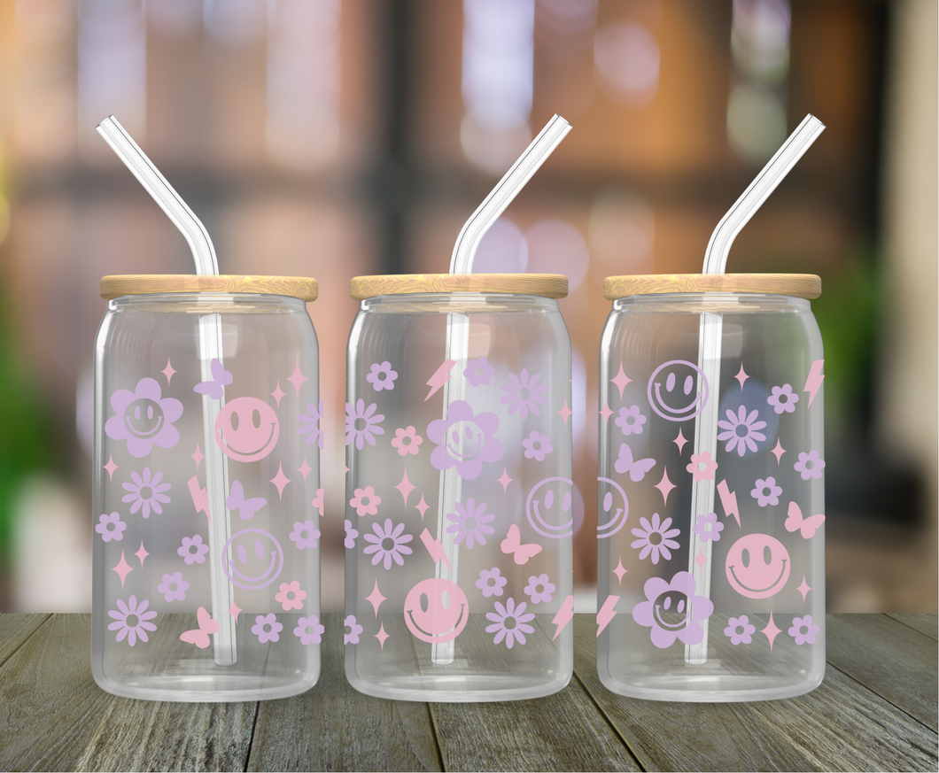Retro Smiley Face 16oz Clear Glass Cup