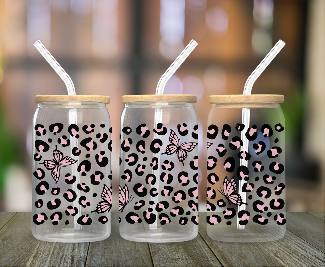 Butterfly Leopard Print 16oz Clear Glass Cup