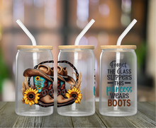 Load image into Gallery viewer, This Princess Wears Boots 16oz Clear Glass Cup
