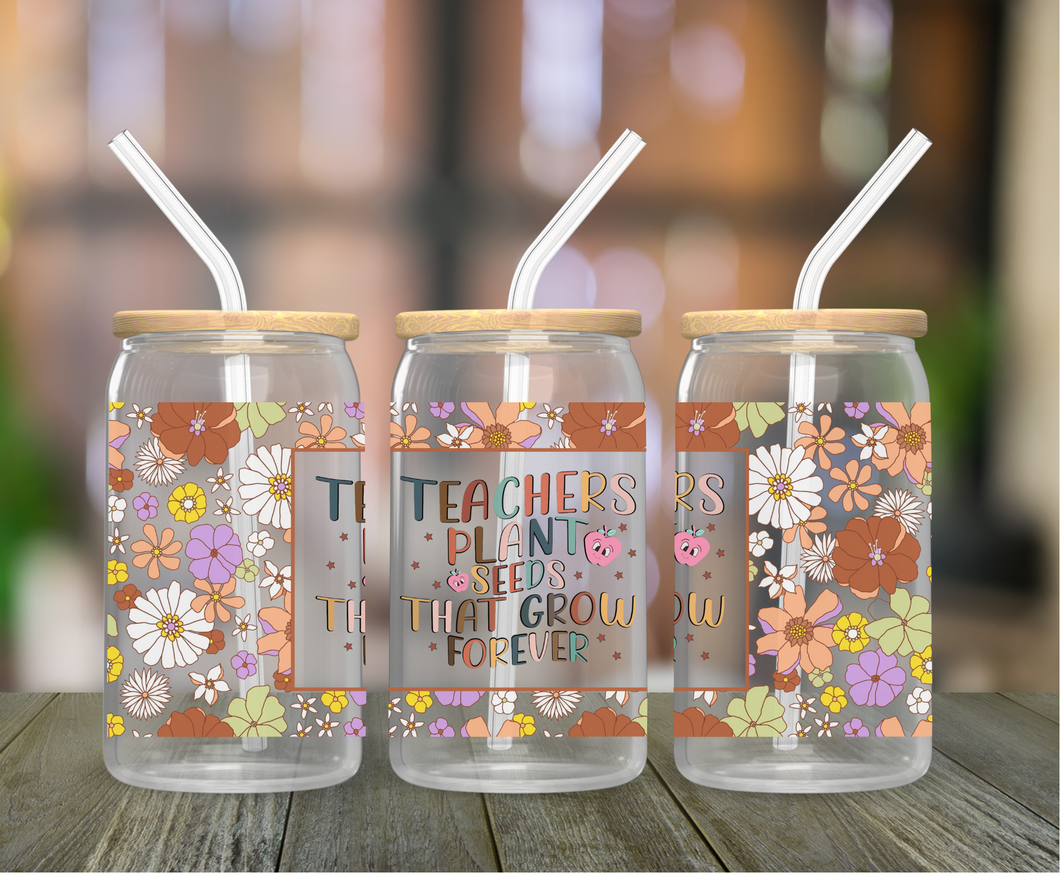 Retro Teacher Flower 16oz Clear Glass Cup