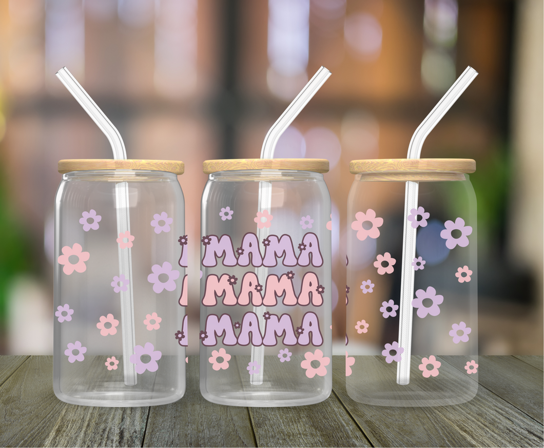 Retro Mama Flower 16oz Clear Glass Cup